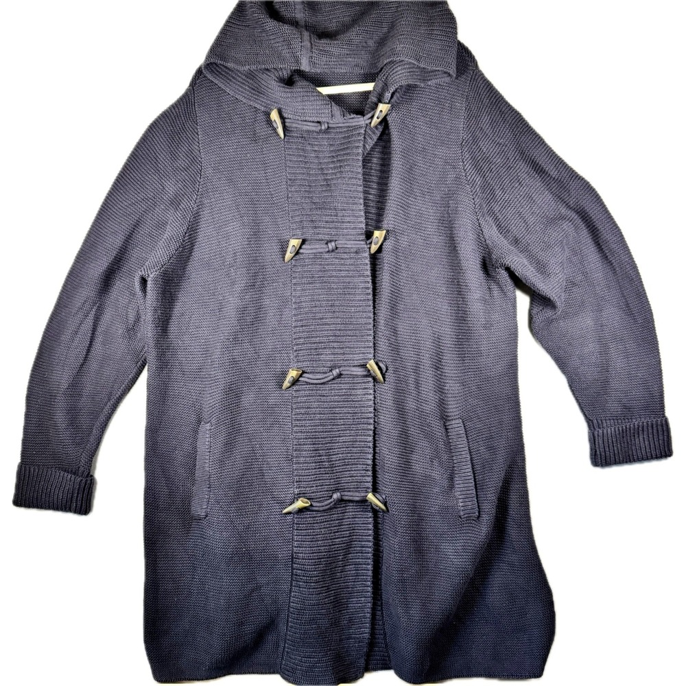 Lands End Cardigan Long Sweater Women 2X Navy Blue Hooded Toggle Knit Pockets